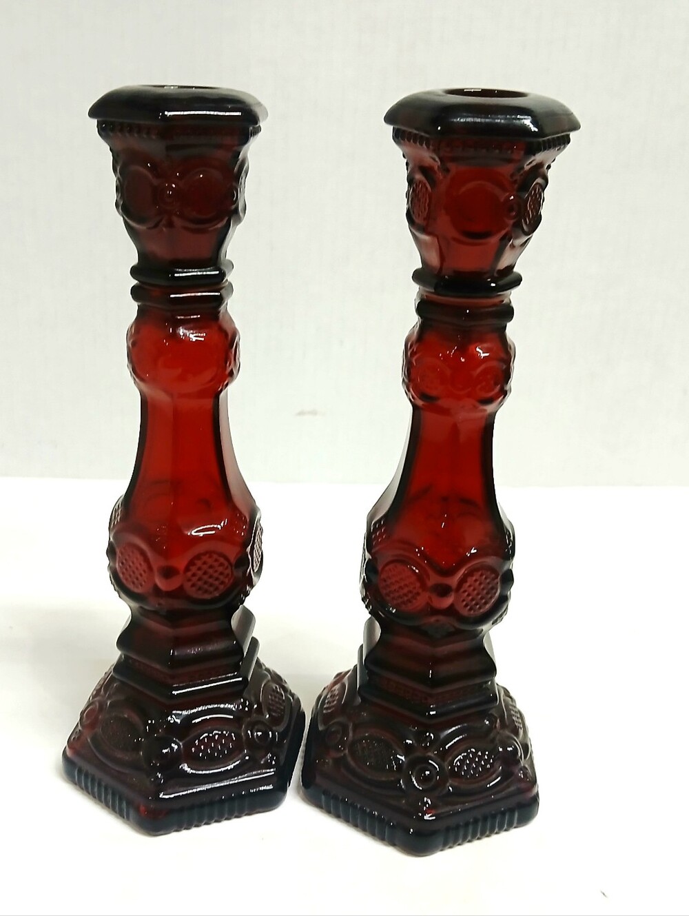 Vintage Avon Cape Cod Deep Ruby Red Glass Candlestick Pair – Elegant Home Accent